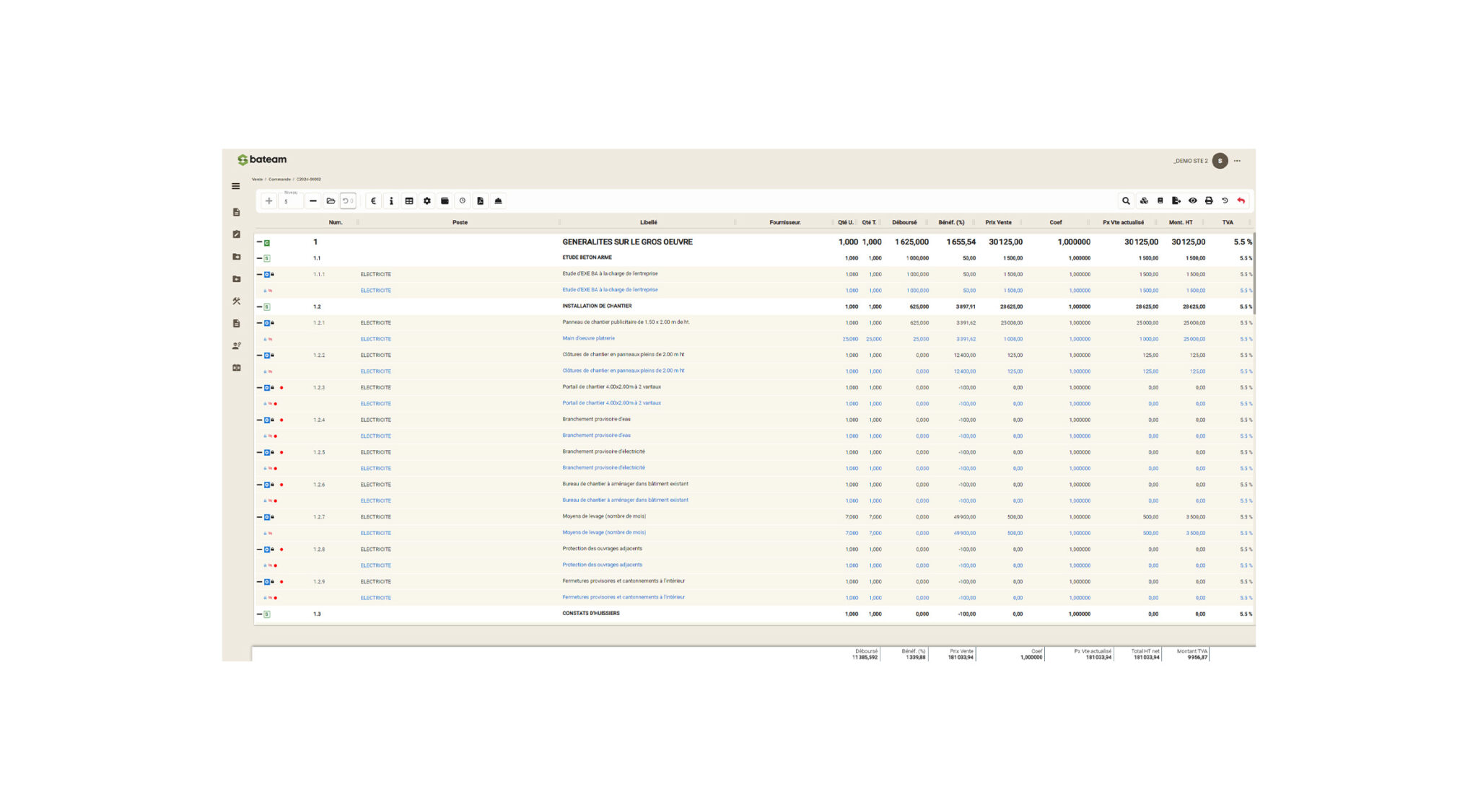 Écran de l'éditeur de devis BATEAM
